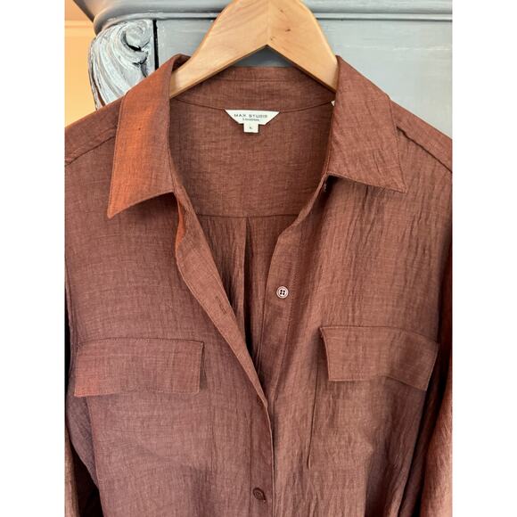 Max Studio Dress Sz L Brown Button Down Textured Long Sleeve Midi Shirtdress - Picture 4 of 9